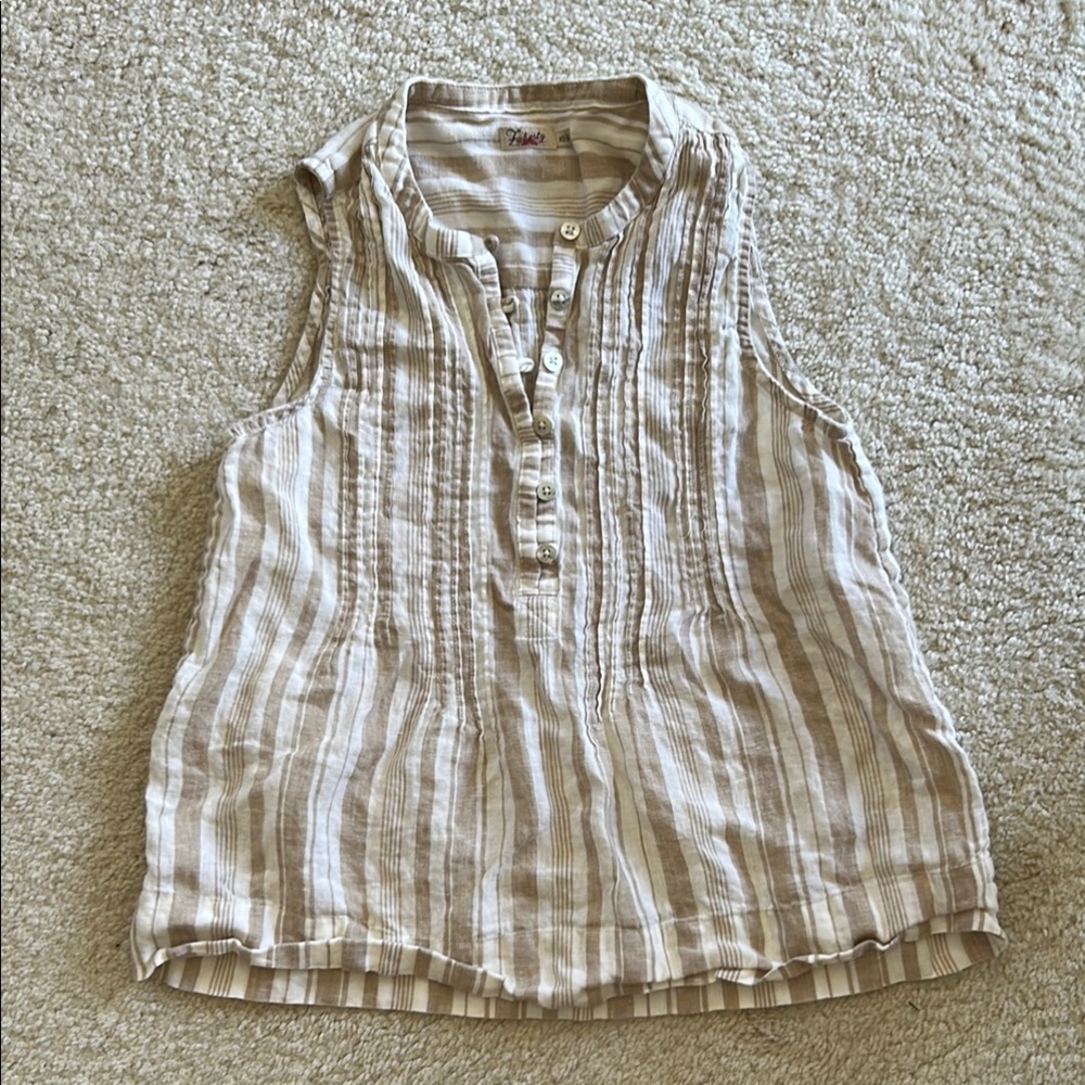 Faherty Tan and Cream Sleeveless Blouse with Mandarin Collar